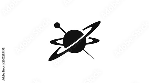 A simple black and white icon depicting a stylized atom or a planet with orbiting rings and an antenna.