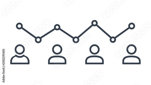 A clear black outline icon featuring a line graph illustrating trend data above four distinct people silhouettes.