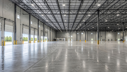 Large empty industrial warehouse with polished concrete floor and steel roof structure
