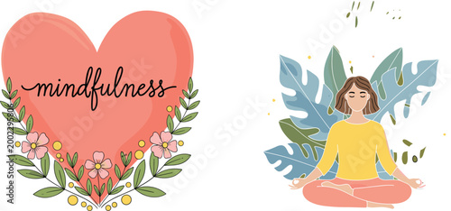 Mindfulness and wellness vector illustration featuring woman in yoga lotus pose with tropical leaves and heart floral lettering.