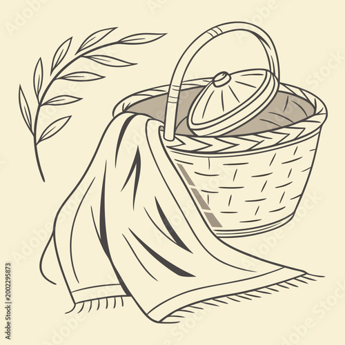 Woven picnic basket with towel and plant