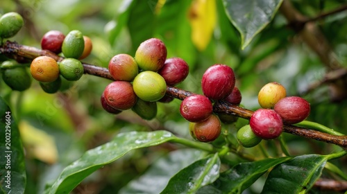Colorful coffee cherries ripening along slender branches among green leaves, showing natural growth stages and the beauty of coffee plants in a lush environment.