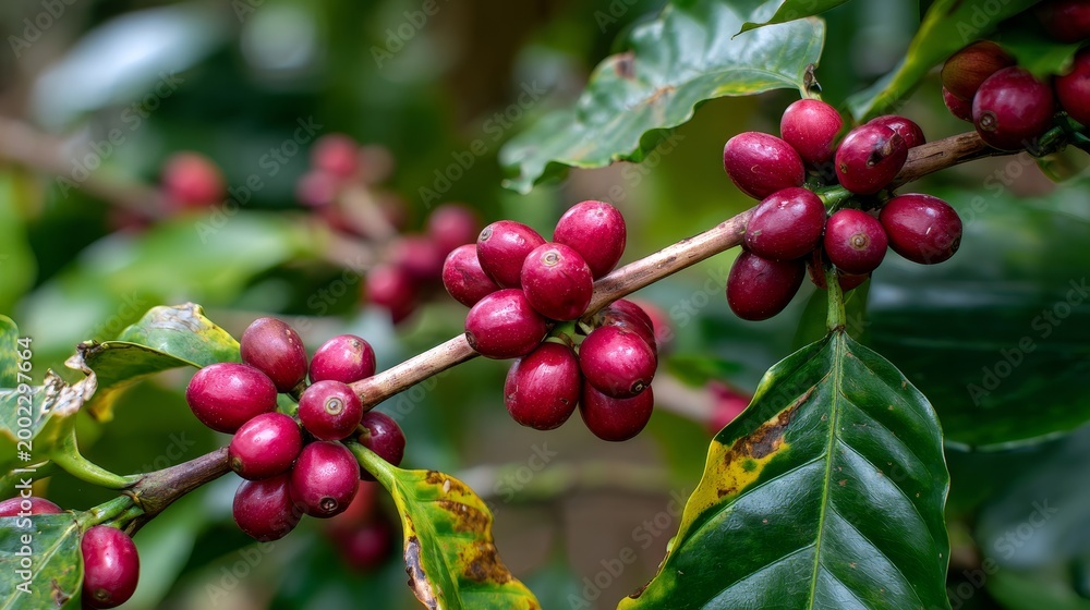 Obraz premium Red coffee cherries growing on a coffee tree in a plantation, agricultural background.
