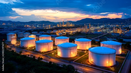 Panoramic aerial view of an oil refinery storage tank farm during a colorful sunset twilight