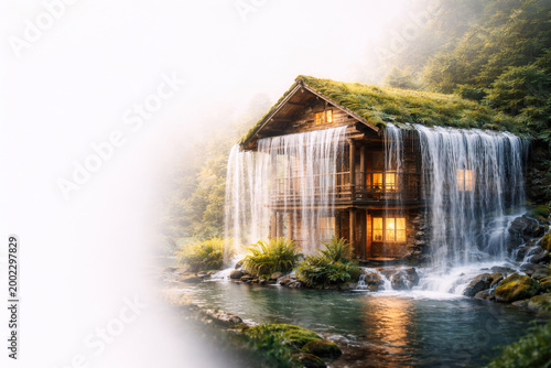 Wooden house near a waterfall in the forest. Space for text.