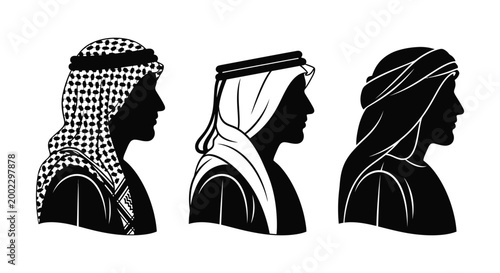 Middle eastern men silhouettes with traditional headdresses black and white
