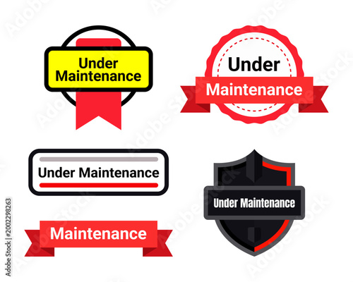 Collection of 'under maintenance' badges and ribbons in various designs