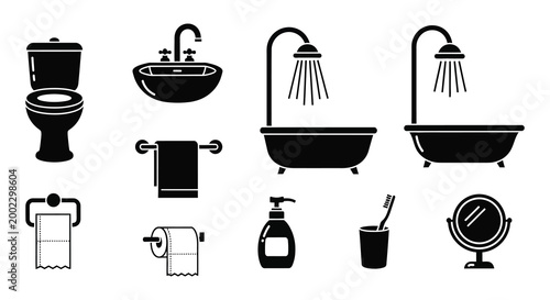 Bathroom fixtures icons set black silhouettes on white background