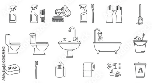 cleaning supplies and bathroom fixtures line icons set