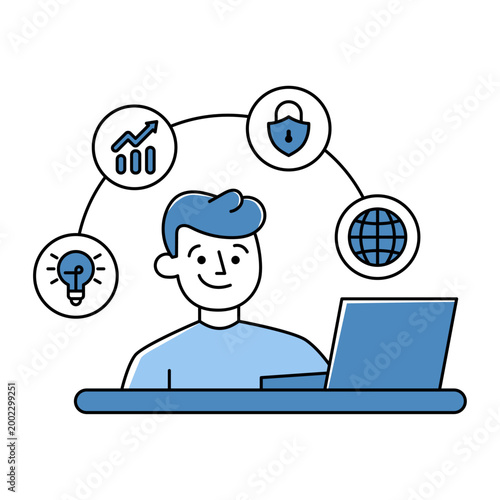 Trabajo digital. Profesional en computadora, análisis de datos, seguridad en línea, conexión global, creatividad tecnológica. Ilustración vectorial