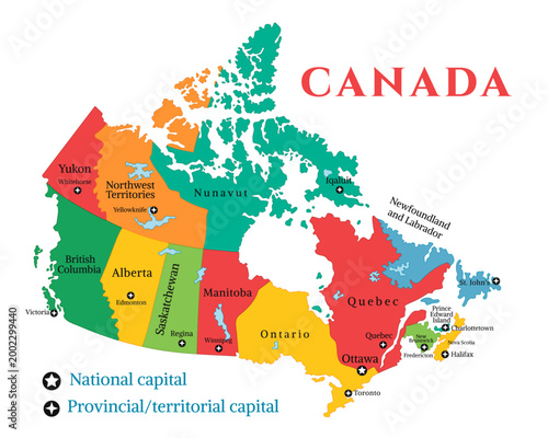 Colorful Vector Map of Canada with Provinces, Territories and Capital Cities