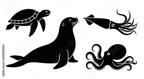 Marine Animals Silhouettes Set: Sea Turtle, Sea Lion, Squid, and Octopus