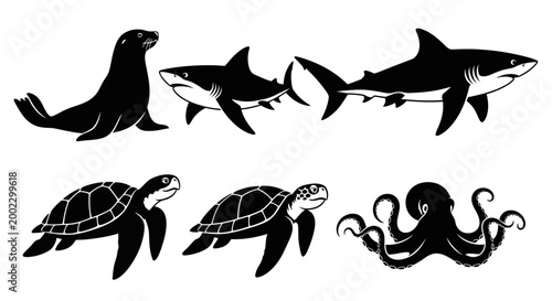 Marine Animals Silhouettes Set: Seal, Sharks, Turtles, and Octopus Icons
