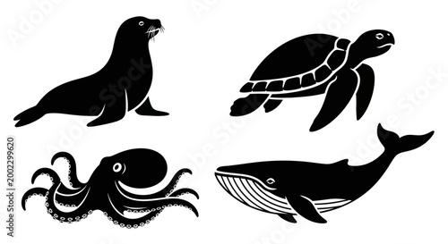 Marine Animals Silhouettes Set: Seal, Turtle, Octopus, Whale Icons