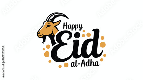 Happy Eid al-Adha greeting card vector, brown goat head illustration with calligraphy, Islamic festival celebration banner with animal sacrifice theme