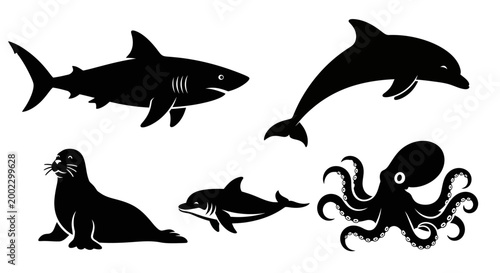 Marine Animals Silhouettes Set: Shark, Dolphin, Seal, and Octopus Vector Icons