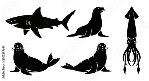 Marine Animals Silhouettes Set: Shark, Seals, and Squid
