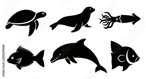 Marine Animals Silhouettes Set: Turtle, Seal, Squid, Fish, Dolphin Icons
