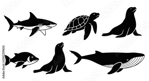Marine Animals Silhouettes Set: Shark, Whale, Sea Turtle, Seal, and Fish Icons