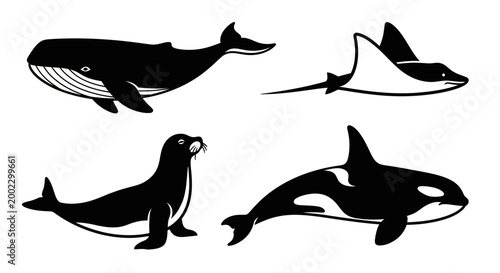 Marine Animals Silhouettes Set: Whale, Manta Ray, Seal, and Orca Vector Illustration