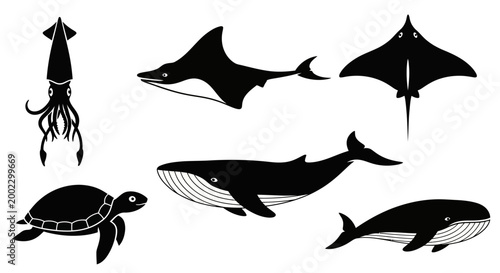 Marine Animals Silhouettes Set: Whale, Ray, Squid, and Sea Turtle Icons