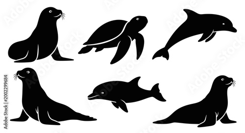 Marine Animals Silhouettes Set. Sea Turtle, Dolphin, and Seal Vector Icons