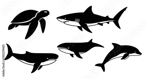 Marine Animals Silhouettes Set. Ocean Wildlife Vector Illustration. Sea Creatures Collection.