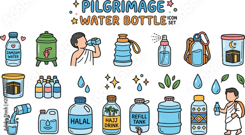Pilgrimage Water Bottle Icon Set Featuring Zamzam Water, Refill Containers, Hydration, Hajj Essentials and Islamic Travel Concepts