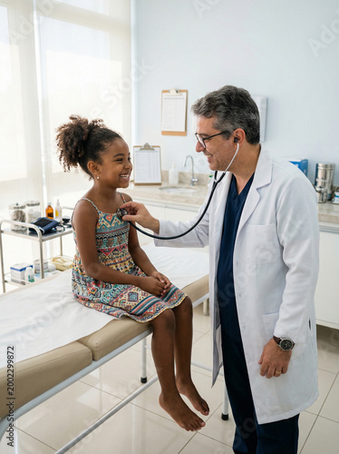 Friendly doctor examining a young girl in office