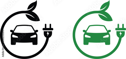 EV charging icon set, electric car with plug symbols, eco friendly transport graphics, electric vehicle charging station elements, green mobility and battery power icons