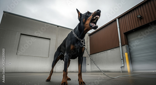 Fierce Doberman dog barking aggressively on a chain outside an industrial building, ready to protect