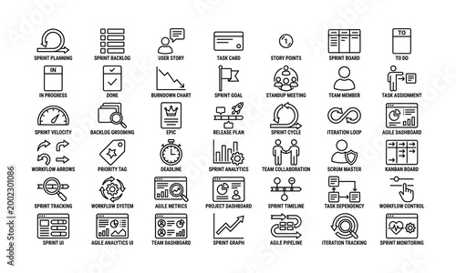 Agile project management black line on white background, (11 black and white line sprint planning