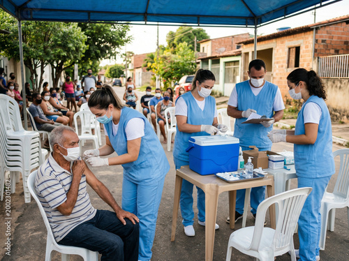 Medical team vaccinating elderly man outdoors