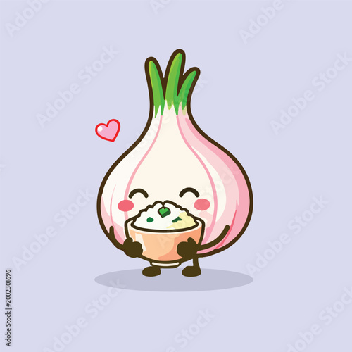 Cute Cartoon Garlic Character Holding a Bowl of Rice with Love Heart, Kawaii Vegetable Mascot Serving Food with Happy Expression, Flat Design Vector Illustration
