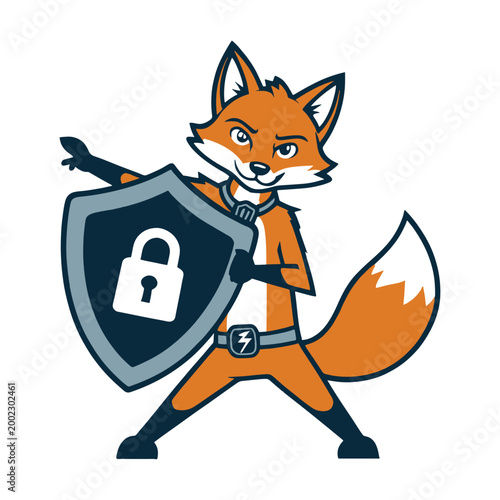 Cybersecurity Fox Mascot with Shield and Lock Protection Vector Illustration