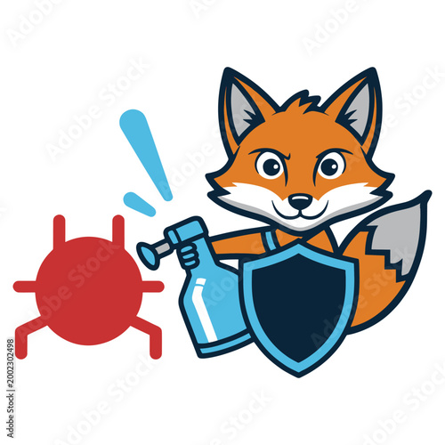 Fox Antivirus Mascot Fighting Virus with Shield Vector Illustration
