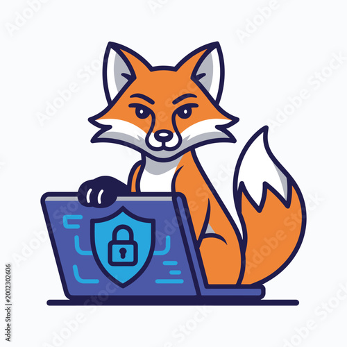Fox Hacker Character Using Laptop with Security Shield Vector Illustration