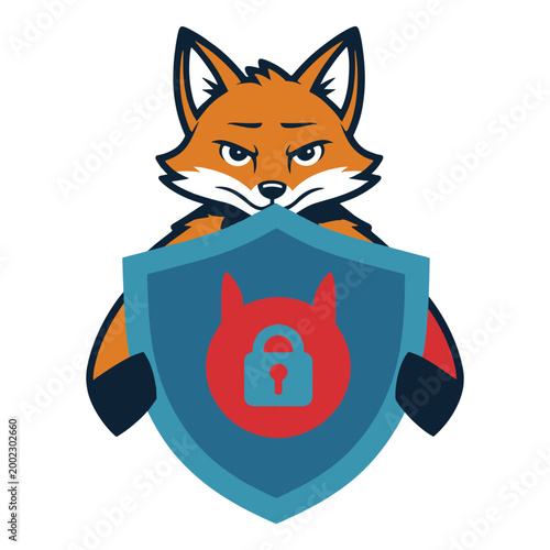Fox Security Shield with Lock Icon Cyber Protection Vector Illustration