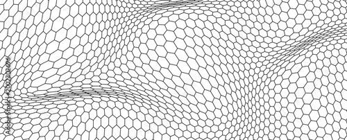Wavy hexagon mesh texture. Abstract honeycomb grid pattern with geometric bee‑comb lines, flat vector illustration on white for packaging, wallpapers, branding and graphic layouts