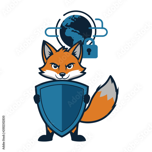 Fox Protector with Shield and Global Cyber Security Concept Vector Illustration