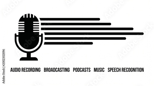 Black silhouette of a classic microphone with stylized sound wave bars extending horizontally, symbolizing audio recording, broadcasting, podcasts, music, and speech recognition in simplified modern g