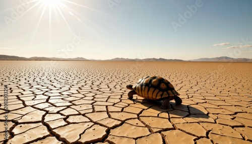 Solitary Tortoise Traversing Vast Sunlit Cracked Desert Landscape