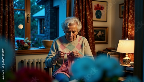 Elderly Woman Knitting in Cozy Lamplight by Floral Window