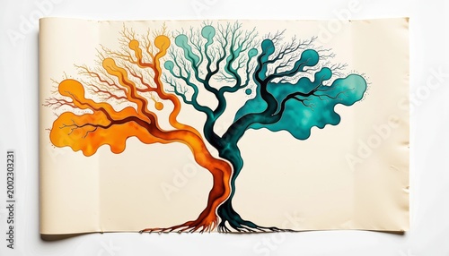 Dual-Colored Artistic Tree on Cream Canvas with Organic Shapes