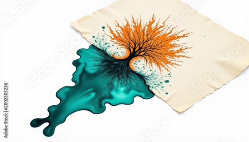 Vivid Abstract Painting with Orange Tree Burst on Paper and Teal Ink Spill