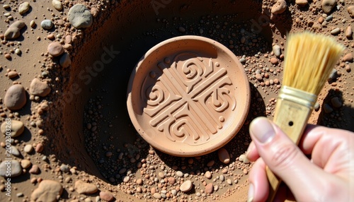 Archaeologist's Hand Holding Brush Above Unearthed Decorated Clay Plate in Excavation Pit