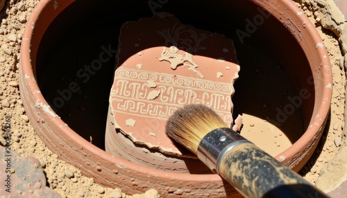 Archaeologist's Handbrush Unearths Intricate Ancient Pottery in Sunlit Excavation