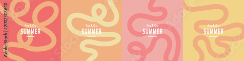 Hello Summer Abstract Posters with Pastel Waves : Soft pastel summer backgrounds set with abstract wavy lines، squiggly lines and hello summer typography, ideal for seasonal branding and social media