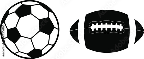 Black silhouette of a soccer ball and american football sports icons