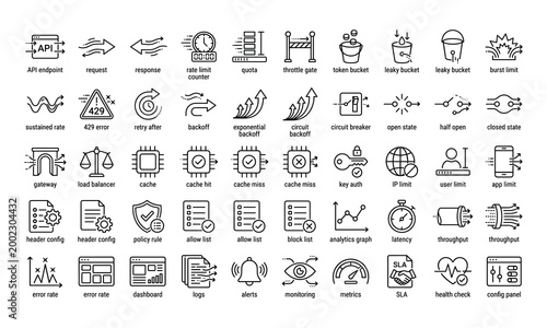 Collection of thin line representing api, networking, and system monitoring concepts